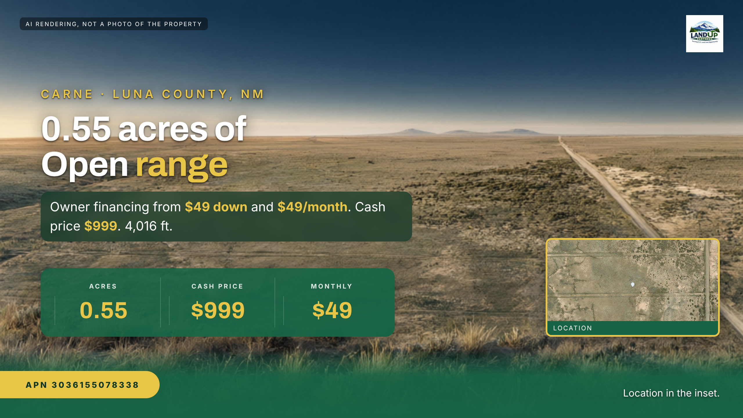 Headline and price: Luna County, NM Parcel: $49 Down, 0.55 Acres, 24 mi to Carne